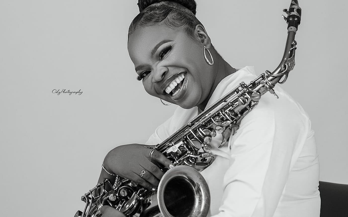 Funmisax laughing, black and white